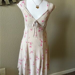 Cream Midi Dress with Pink Floral Print and Tie-Front